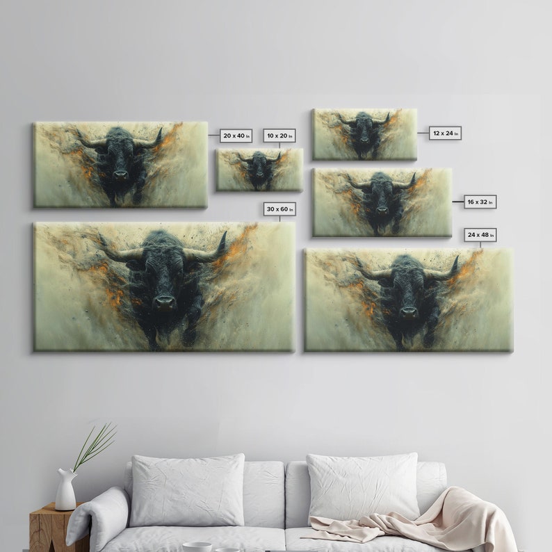 The Angry Bull Framed Canvas Print, Western Decor, Running of the Bull