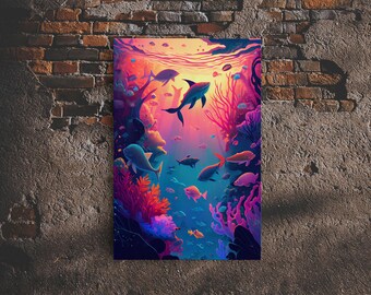 80s Vibe Under The Sea Coral Reef Art, framed canvas print, fish and reef art
