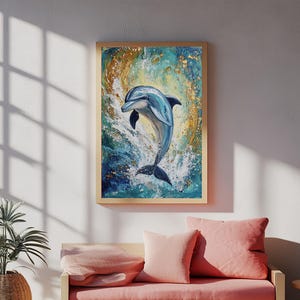Dolphin, ocean painting, coastal wall art, nautical painting, framed canvas print, blue and green wall art, sea life decor