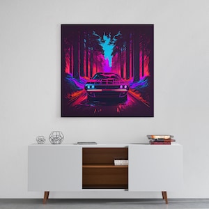 Synthwave Modern Muscle Car Art, Framed Canvas Print, Unique Outrun Style Wall Art, Retro Vibes, Muscle Car In a Forest Road image 3