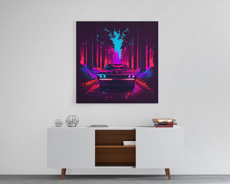 Synthwave Modern Muscle Car Art, Framed Canvas Print, Unique Outrun Style Wall Art, Retro Vibes, Muscle Car In a Forest Road image 3