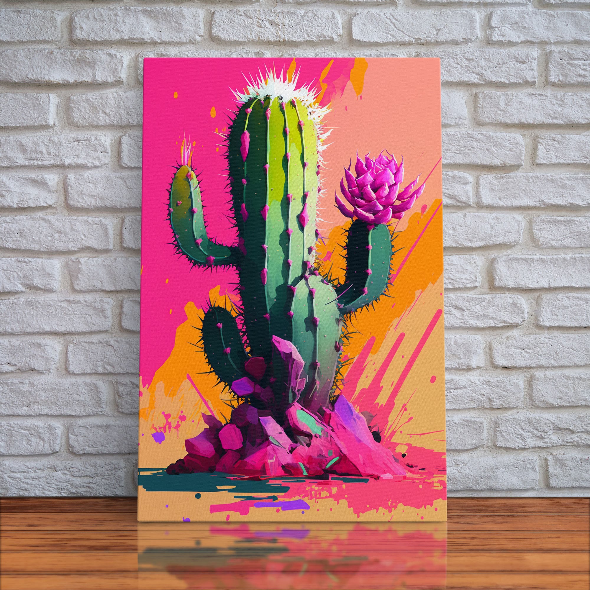 Pop Art Mexico Cactus Art, Synthwave Pink Art, Framed Canvas