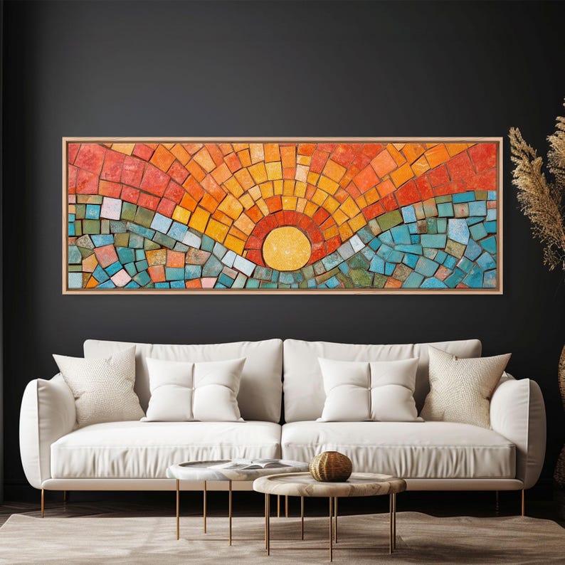 Large Wide Wall Art Sunset Mosaic Canvas Print Retro / Vintage Style