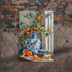 Mediterranean Still Life Italian Style Art, Framed Canvas Print, Muted and Calming Rustic Decor, Farmhouse Art, The Vase and the Oranges