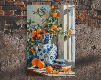 Mediterranean Still Life Italian Style Art, Framed Canvas Print, Muted and Calming Rustic Decor, Farmhouse Art, The Vase and the Oranges