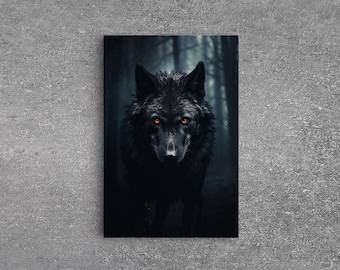 Red Eyed Wolf Print, Black Wolf On The Hunt, Framed Canvas Art