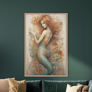 Fancy Mermaid Wall Art, 24" x 36" Canvas Print, French Style Poster Wall Art, Vintage Wall Hanging, Coastal Bathroom Decor