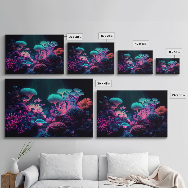 Coral Reef art, synthwave aesthetic ocean art, framed canvas art, framed wall art canvas print image 8