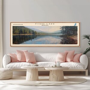 Echo Lake Montana Framed Canvas Print, Panoramic Lake House Decor, Wall Art, Travel Poster, Modern Lake Painting, Nature Art