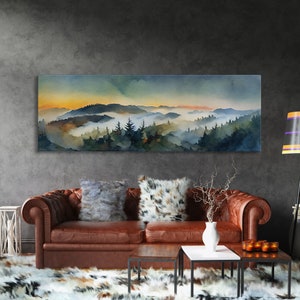 Beautiful Watercolor Landscape, Ready To Hang Canvas Print, Panoramic Art, Above Sofa Wall Art