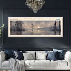 Clear Springs Lake Mississippi Framed Canvas Print, Panoramic Lake House Decor, Wide Wall Art Travel Poster, Modern Lake Painting Nature Art