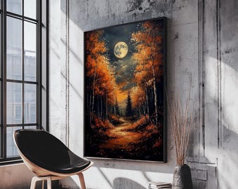 Full Moon Over a Haunted Forest, Framed Canvas Print, Wood Framed Wall Art, Dark Academia Witchy Decor