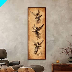 Guardian Angels Wall Art, Framed Canvas Print, Angel Painting, Angel Decor, Tall Skinny Art Narrow Wall Art, Angelic Painting, Christmas Art