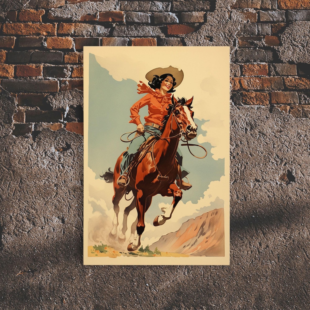 Rustic Horse Rider Cowgirl Oil Painting Canvas Print, Vintage Western ...