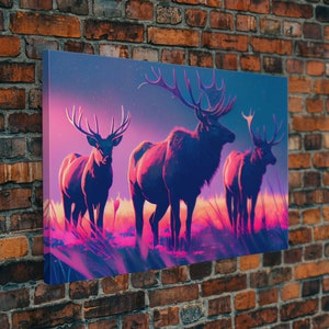 Vaporwave landscape, Elk in the plains at sunset, framed canvas art, canvas print, framed wall art
