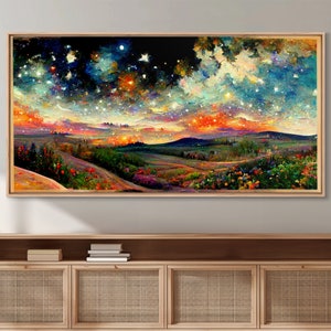 Night Starry Sky Landscape On Canvas Print Colorful Night Sky Painting Nature Painting Living Room Wall Art Spiritual Starry Painting