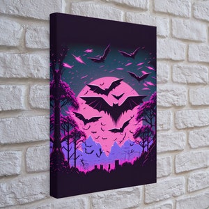 Vampire Bat Art, Horror, framed canvas print, bats in flight over a pink full moon, Halloween Decor, Halloween Wall Art