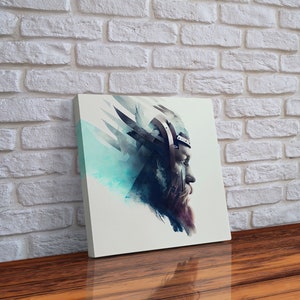 Synthwave Viking portrait, Norse art, Valhalla, framed canvas print, wall art decor