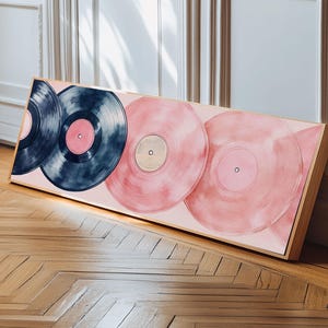 Vintage Vinyl Records Framed Canvas Print - Retro Music Art, Pink Abstract Painting, Whimsical Dorm Wall Decor, Horizontal Wall Art Gift