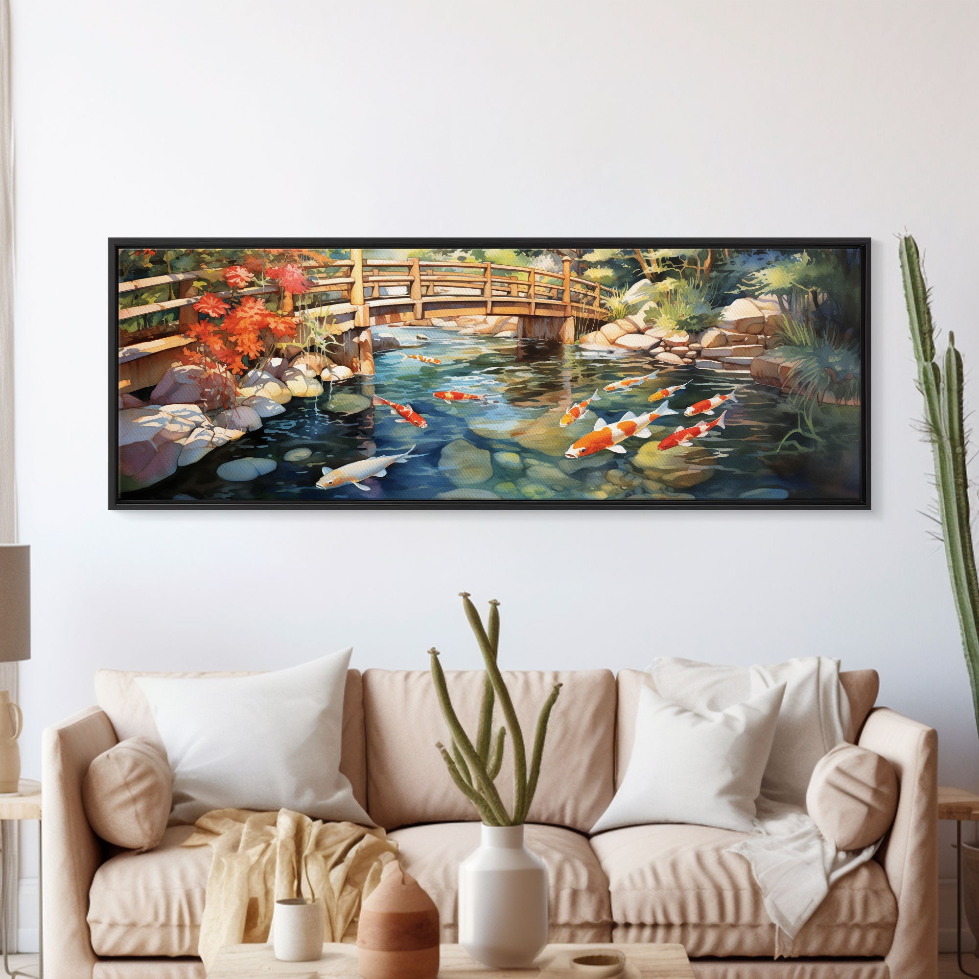 Panoramic Koi Pond Painting Canvas Print, Framed Wall Art, Unique Home Decor, Gift Idea, Art With Frame, Living Room Art