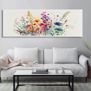 Panoramic Wildflower Canvas Print, Watercolor Flowers, Farmhouse Decor, Meadow Grass, Bedroom Wall Decor, Pastel Colors, Botanical Greenery