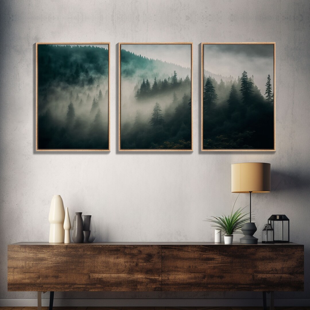 3-piece Misty Forest Canvas Wall Art - Foggy Landscape Farmhouse Decor ...