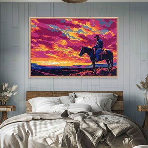 The Cowboy Rides At Sunset, Living Room Art, Framed Canvas Print Original Art, Watercolor Painting, Cowboy Painting, Rustic Western Decor