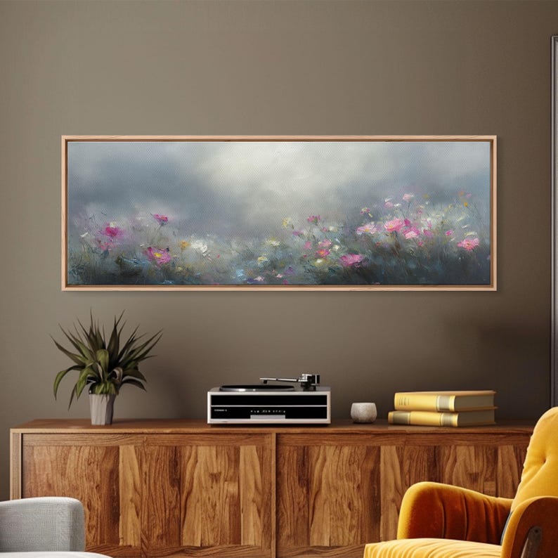 Moody Wild Flowers Under a Cloudy Sky, Panoramic Framed Canvas Print
