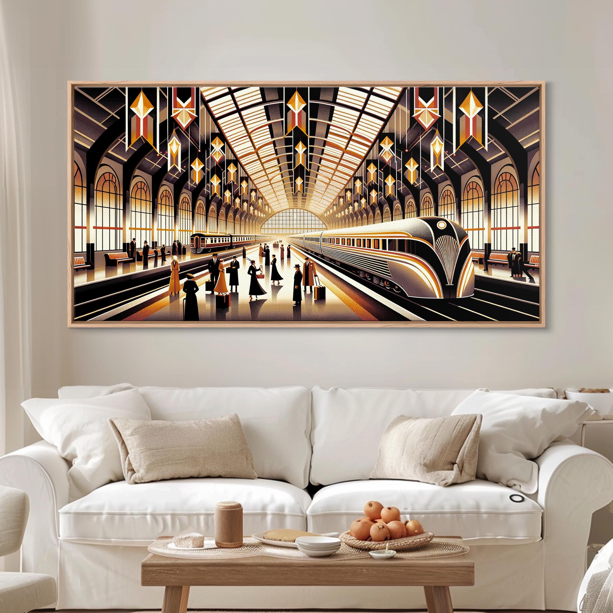 Art Deco Train Station - Retro Decor - Framed Canvas Print