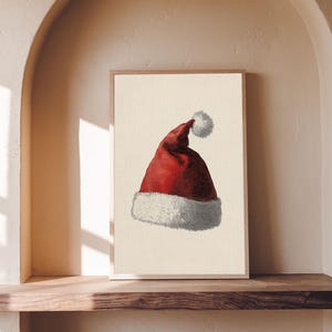 Painting of Santa&#39;s Hat Canvas Print - Framed Canvas - Minimalist Christmas Art - Boho Christmas Art - Rustic Christmas Art