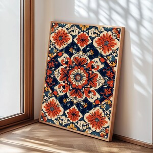 Floral Pattern Wall Art, Mexican Tile Pattern Framed Canvas Print, Chicano Art, Textile Inspired Wall Art, Southwestern Pueblo Style Art