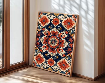 Floral Pattern Wall Art, Mexican Tile Pattern Framed Canvas Print, Chicano Art, Textile Inspired Wall Art, Southwestern Pueblo Style Art