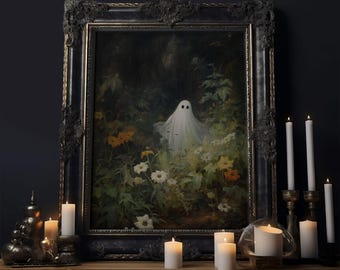 The Ghost Amongst The Flowers, Halloween Canvas Print, Framed Canvas Art, Halloween Decor, Dark Academia, Horror Prints, Oil Painting