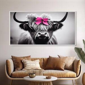 Cute Highland Cow wearing a Bow, Pink Bow on a Cute Cow, framed canvas print, black and white farmhouse cow art
