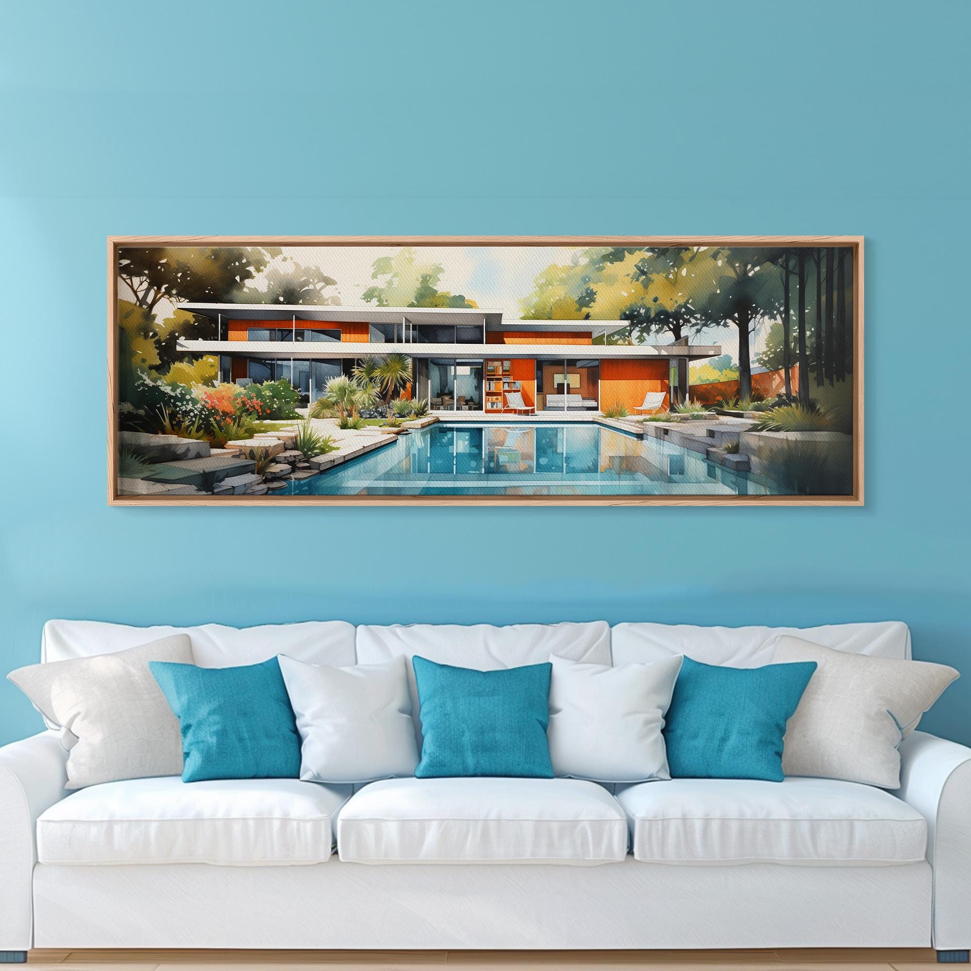 Midcentury Modern Architecture Wall Art, Framed Canvas Print, 50s