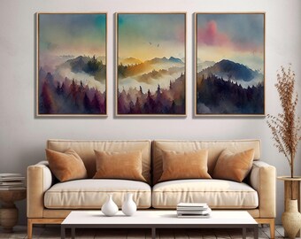 Dramatic Colorful Watercolor Sunset Landscape Abstract, Landscape Art, 3 Piece Canvas Decor, 3 Piece Wall Art, Ready To Hang Canvas Prints