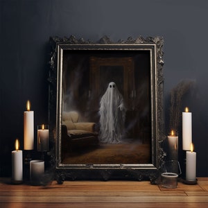 The Ghost In The Mirror, Ghost Print, Framed Canvas, Halloween Canvas Print, Horror Print, Macabre Dark Academia Wall Art