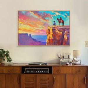 Wild West Art Print, Vintage / Retro Cowboy Wall Art, Framed Canvas or Metal Art, Midcentury Modern Watercolor Painting, Cowboy at Sunset image 1