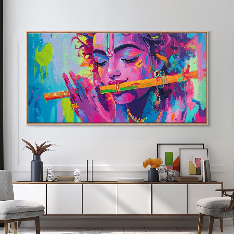 Radha Krishna Painting Print, Hindu Wall Art, Framed Canvas Print, Hinduism Wall Art, Krishna Wall Art, Krishna Playing A Flute afbeelding 20