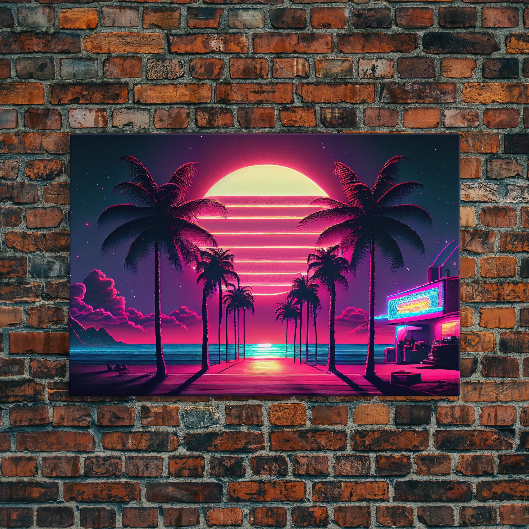 The Neon Boardwalk, Florida Synthwave Sunset, Framed Canvas Print