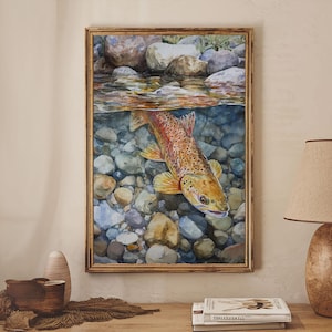 Brown Trout Swimming Framed Canvas Print Fly Fishing Art Rustic Cottagecore Wall Art Cabin Decor Gift Idea Original Art