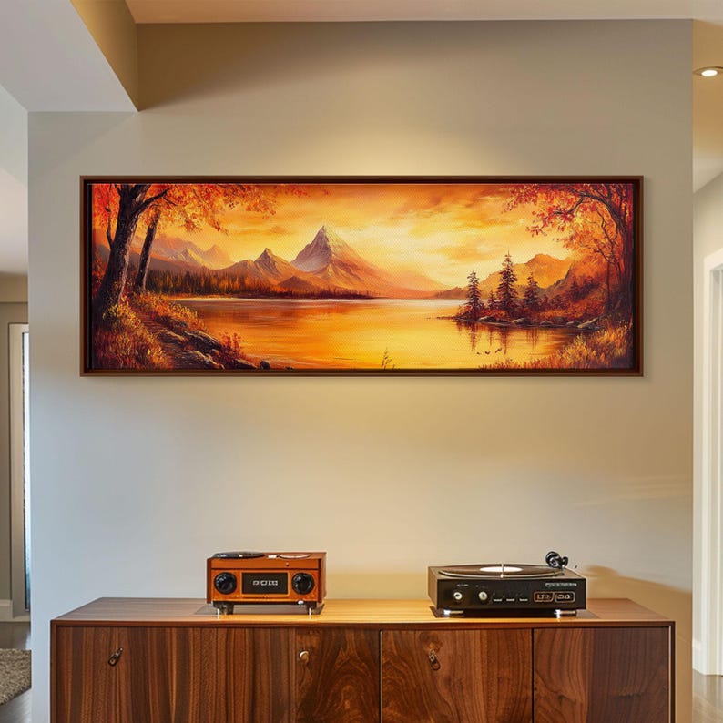 Golden Hour Over the Mountains, Sunset Landscape Painting Print, Wood