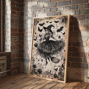 Spooky Season Halloween Witch, Witchy Decor Canvas Print, Black and White Witch Painting Print, Charcoal Sketch Of a Witch