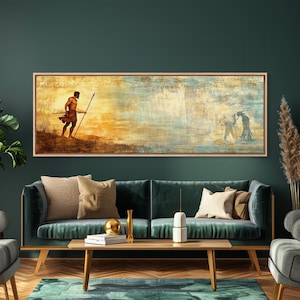 May include: A framed canvas art print depicting a warrior figure with a spear, set against a backdrop of warm yellow and cool blue tones. The artwork evokes a sense of ancient history and adventure, suitable for home decor.