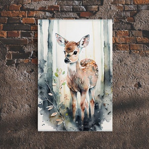 Watercolor portrait of a deer fawn, framed canvas print
