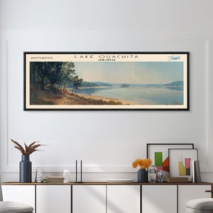Lake Ouachita Arkansas Framed Canvas Print, Lake House Decor, Panoramic Wall Art, Travel Poster, Landscape Painting, Living Room Decor