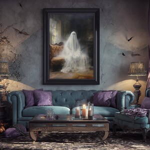 The Ghost Sits On The Sofa, Framed Canvas or Canvas Print, Gothic Victorian Halloween Painting, Cool Halloween Decor image 18