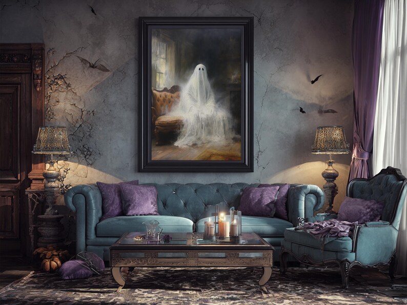 The Ghost Sits On The Sofa, Framed Canvas or Canvas Print, Gothic Victorian Halloween Painting, Cool Halloween Decor image 18