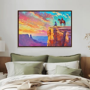 Wild West Art Print, Vintage / Retro Cowboy Wall Art, Framed Canvas or Metal Art, Midcentury Modern Watercolor Painting, Cowboy at Sunset image 3