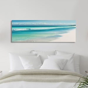 Blue Beach and Ocean Waves Panoramic Framed Canvas Print - Perfect for Living Room, Bedroom, Office Decor